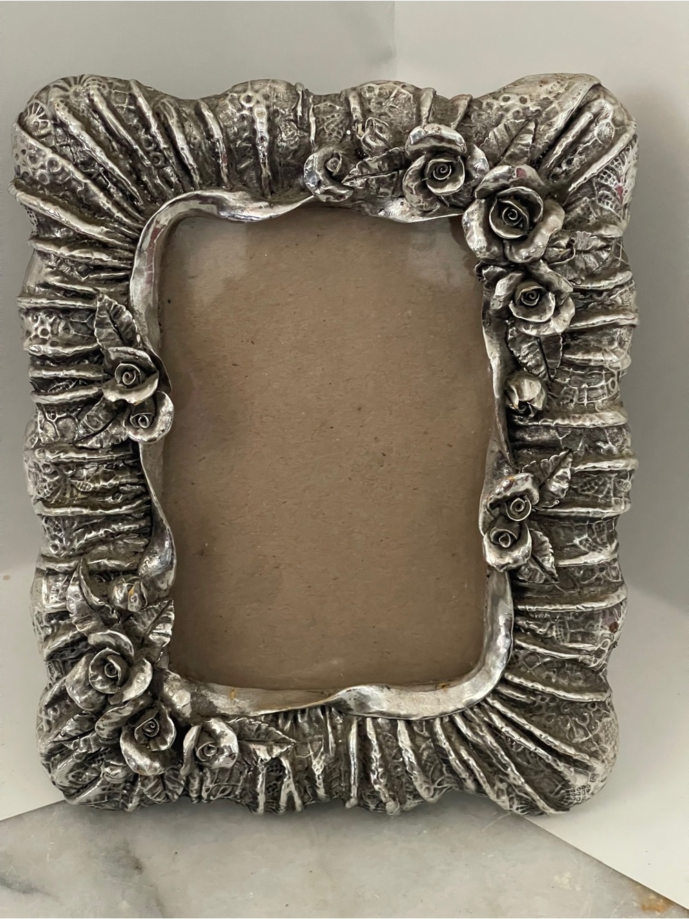Vintage Ornate Photo Frame Roses Romantic Thick Resin Silver Tone Frame 7"x5.5"